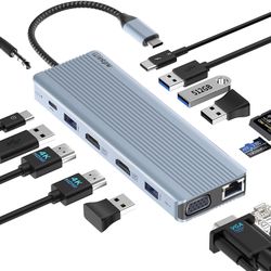USB C Docking Station, 14 in 1 Triple Display USB C Hub Multiport Adapter with Dual HDMI, VGA, 100W PD, 3X 10Gbps USB 3.1, Ethernet, SD/TF Card Slot,