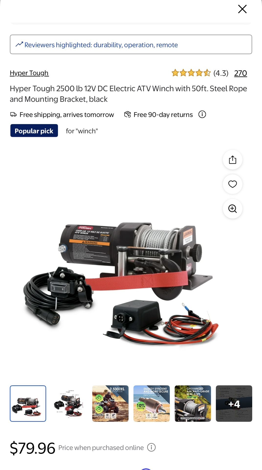 Hyper Tough 2500lbs Electric ATV Winch