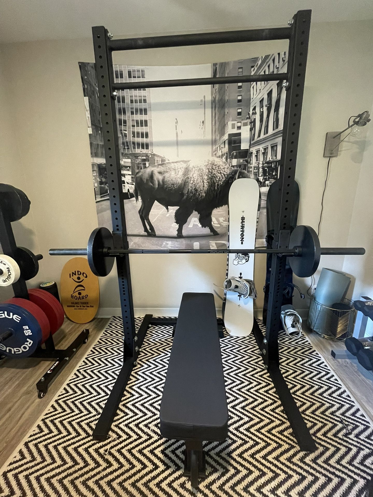ROGUE Squat Rack, Bar, Bench, Plates & Caddy - Full Home Gym