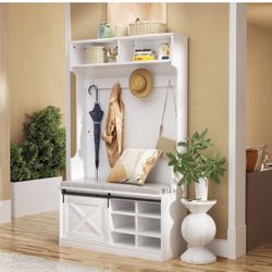 Entryway Hall Tree with Bench and Shoe Storage,Coat Rack with Bench Shelf Hooks,Upholstered Shoe Storage Bench 