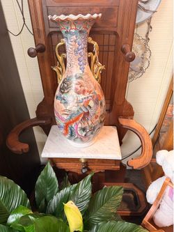 Large Hand-Painted Porcelain Vase with Gold Handles