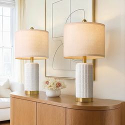 21” Table Lamps with USB Charge Ports Ceramic FROSTED WHITE Bedside Stone-Like