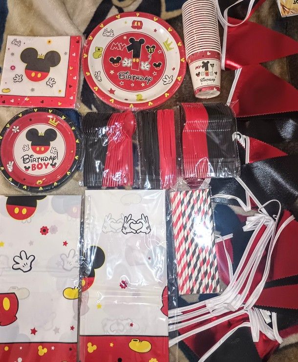 Mickey Mouse First Birthday Party tableware with decorations