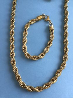 2pc Set Includes Men’s 24” Necklace + 8.25” Bracelet Rope Style 8mm Gold on Stainless Steel *Pickup Boca Raton