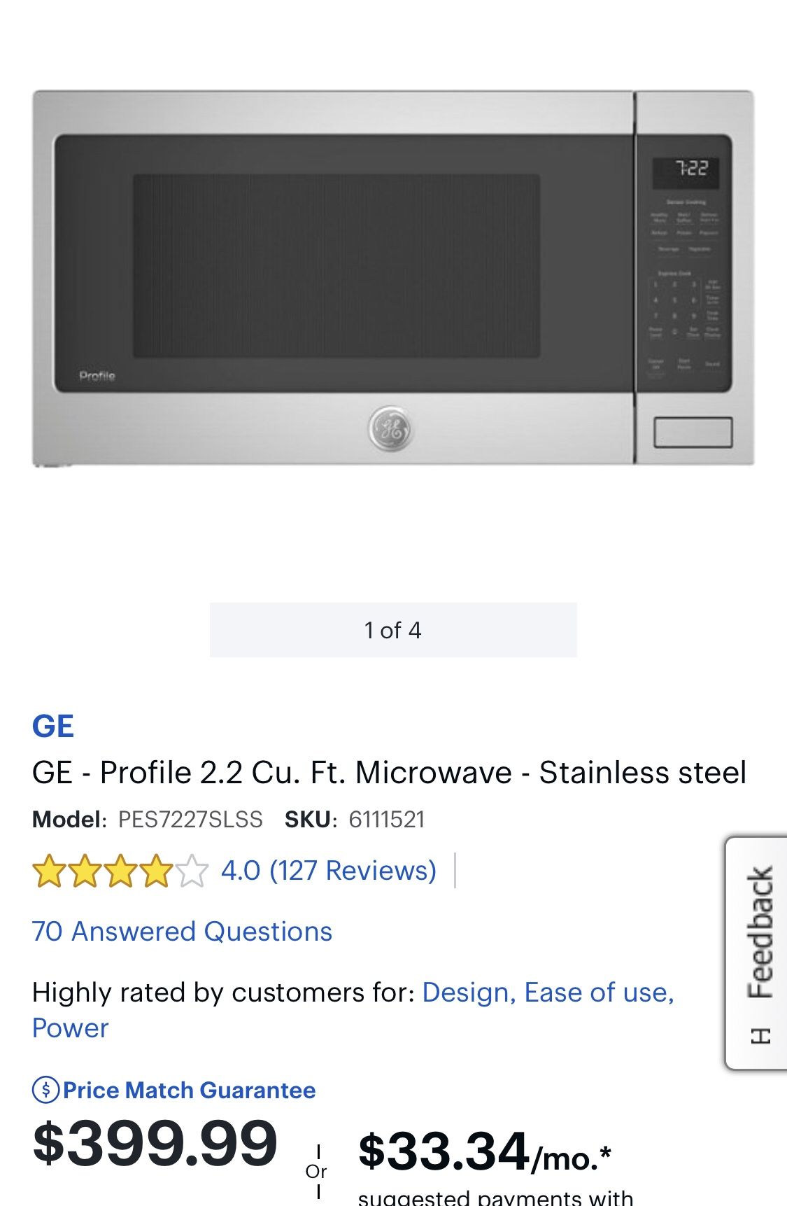 GE Profile 2.2 Cu. Ft. Microwave Stainless steel ModelPES7227SLSS