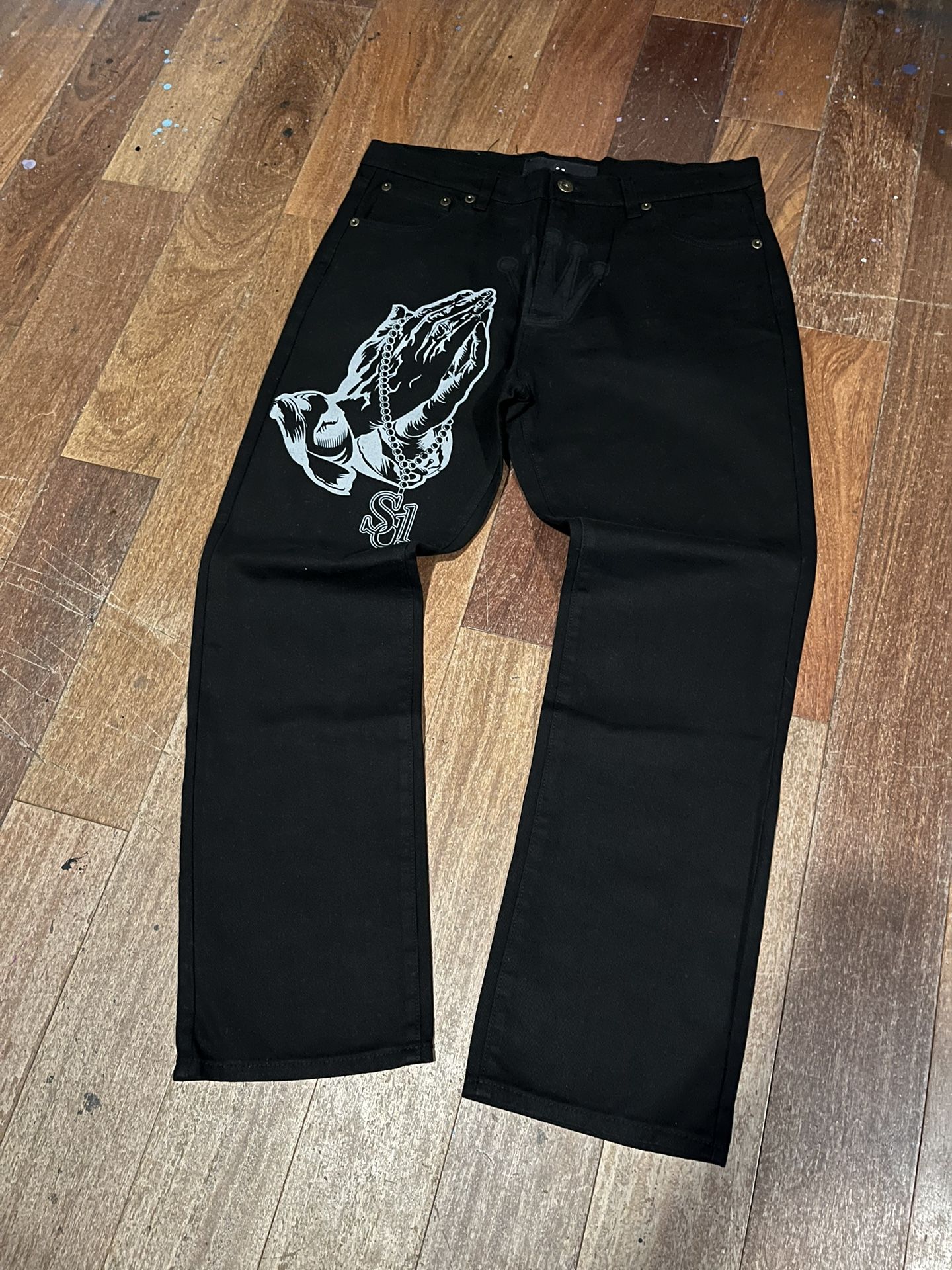 Rare SDL Skysdalimit Black Praying Hands Jeans 38x30