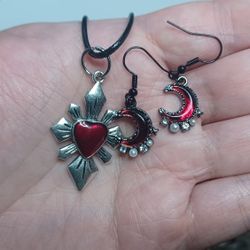 Heart And Moon Necklace Earrings