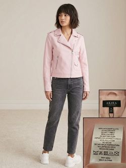 AKIRA Women's Pink Faux Leather Biker Jacket Graphic Full Zip Pockets XL