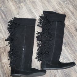 NEW Minnetonka x Maje Black Suede Fringe Knee High Boots Sz 10 Boho Western Chic Moccasin 