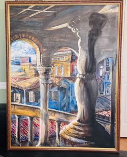 Large Original Oil Painting “Pillar of Strength” by M. Zolman — Mediterranean Street Scene, 38x50