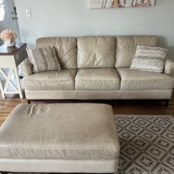 Cream Leather Sofa, Loveseat & Ottoman – 3-Piece Set