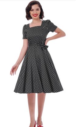 Women Vintage 50s 1950s size XL but fits more like med Dress Square Neck A-line Polka Dot Rockabilly