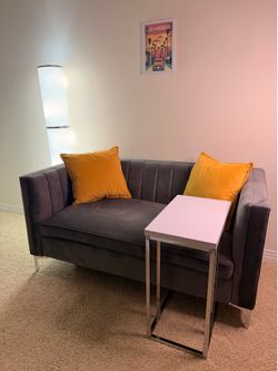 Modern Gray Velvet Loveseat + Table & Pillows