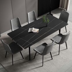 Modern Kitchen Dining Slate Table for 6-8 Seat,Rectangular Dining Black Sintered Stone Table for Home,Kitchen,Living Room,Dining Room,1 Table (Black T