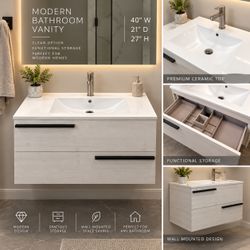 Modern Wall-Mounted Bathroom Vanity with Ceramic Sink