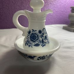 Vintage Avon Milk Glass Carafe & Basin: Blue and White - Farmhouse Decor