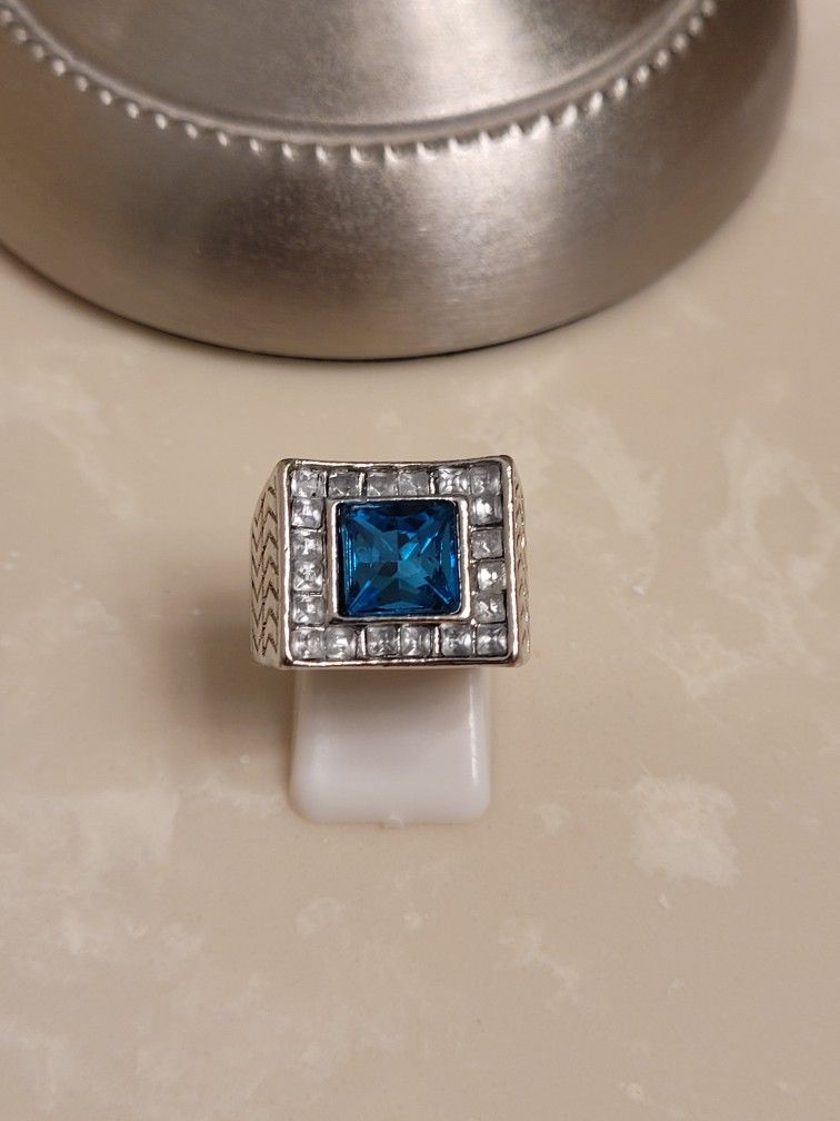 Silver CZ and Aquamarine Ring Size 8