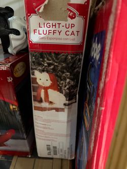 Holiday Living Light-Up Fluffy White Cat Christmas Decoration – Red Scarf