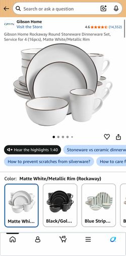 Gibson Home Rockaway Round Stoneware Dinnerware Set Service for 4 (16pcs) Matte White/Metallic Rim