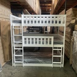 Triple bunk bed. Available in white & espresso. Assembly required. Assembly not included. Taxes included. Free delivery.  Bunk bed only-$450 Bunk bed