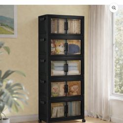 Plastic Stackable Storage Bins with Lids and Wheels, 5 Tier Foldable Storage Containers and Collapsible Clear Storage Cabinet with Doors