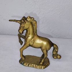 Vintage 70's Solid Brass Unicorn Sculpture Rearing Horse Figurine Statue Figure