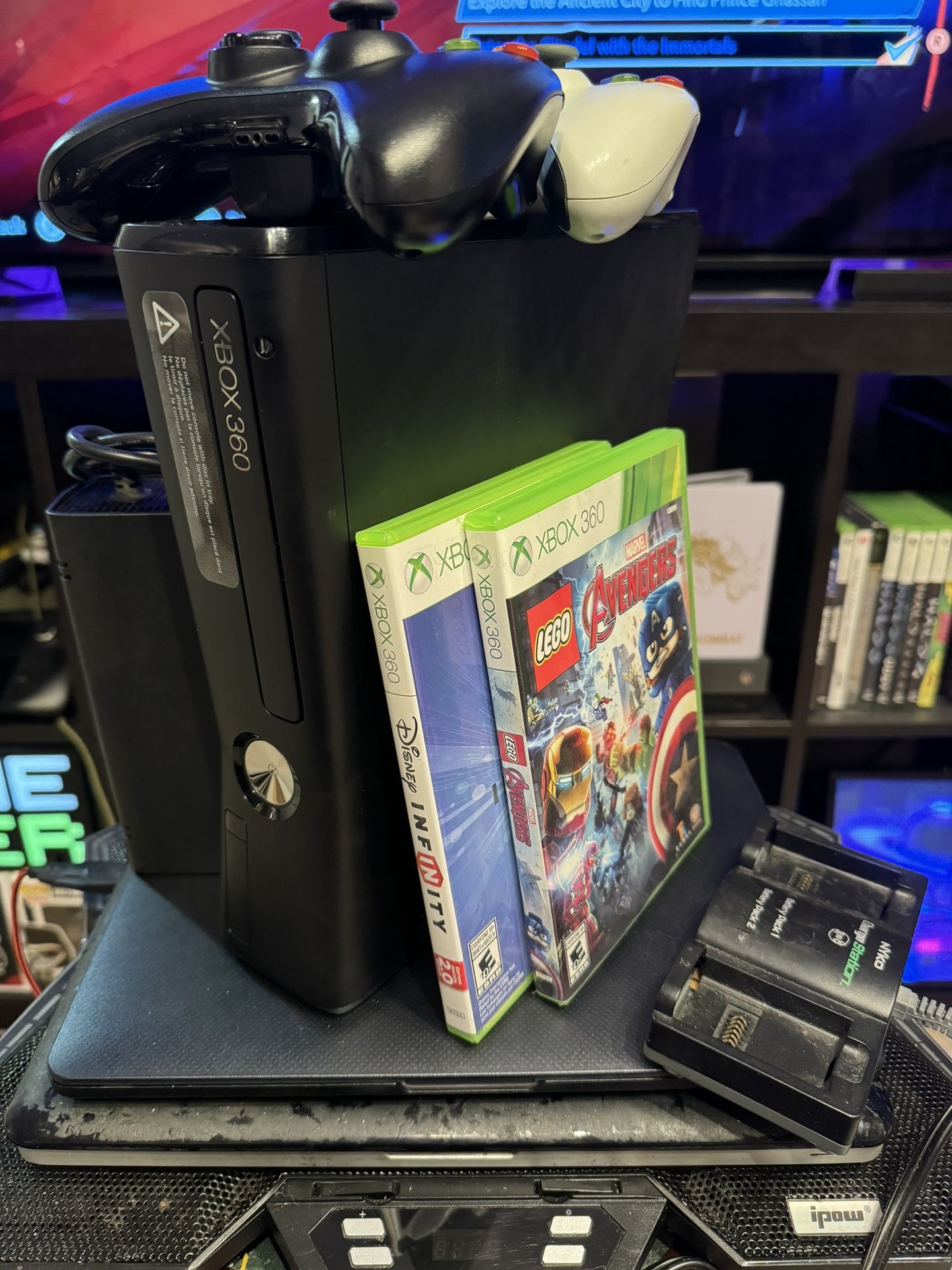 Xbox 360 Slim - Matte Black. 3 Games, 2 Controllers, 2 Batteries & Charger