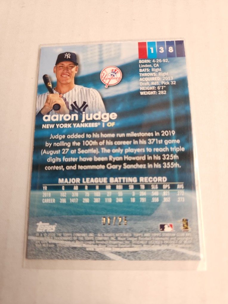 Aaron Judge Topps Stadium Club #138 Mint Confition 01/25