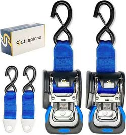 Strapinno 2PCS Stainless Steel Retractable Ratchet Straps (1 7/8 in x 4 ft) Heavy Duty Transom Tie Downs with Extension Straps, Bolt Set & Safety AISI