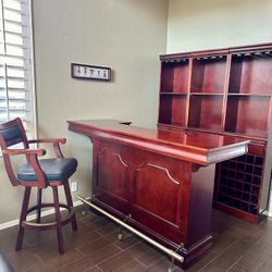 Wooden Bar Unit with Sink, Wine Wall and Bar Stools