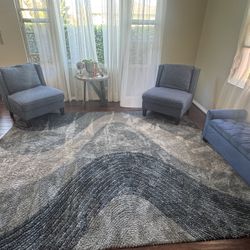 2 Modern Couches, Stylish Carpet & Red Ottoman