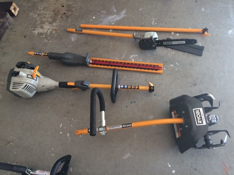 Ryobi EX26 Expandit with pole saw, hedge trimmer, tiller, brush cutter