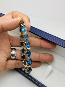 14K SOLID GOLD 24TCW ROYAL BLUE TOPAZ DIAMOND TENNIS BRACELET 7 1/4” 20.07GR.