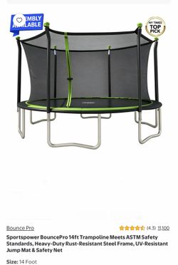 Sportspower BouncePro 14ft Trampoline Meets ASTM Safety Standards, Heavy-Duty Rust-Resistant Steel Frame, UV-Resistant Jump Mat & Safety