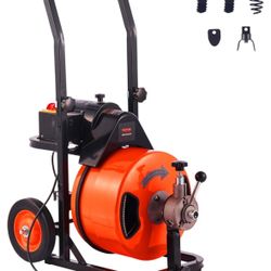 VEVOR 100 FT x 1/2 Inch Drain Cleaner Machine Sewer Auger Auto Feed with 4 Cutter Air-Activated Foot Switch for 1" to 4" Pipes, Orange, Black