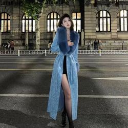 ✨Luxe Blue Faux-Fur Collar Long Coat – Statement Winter Jacket (Worn Once, Like New)