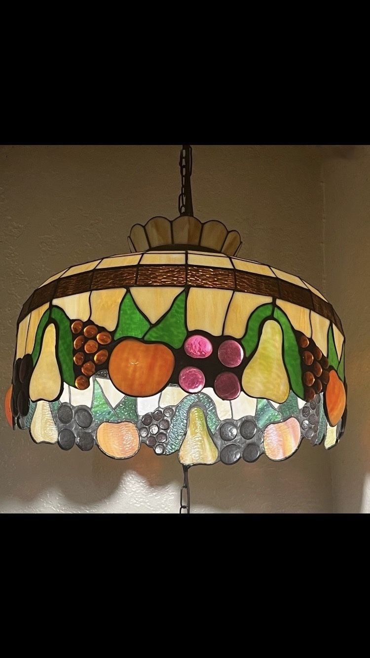Vintage Large 20” Tiffany Classic Fruit Stained Glass Hanging Chandelier Lamp, Light