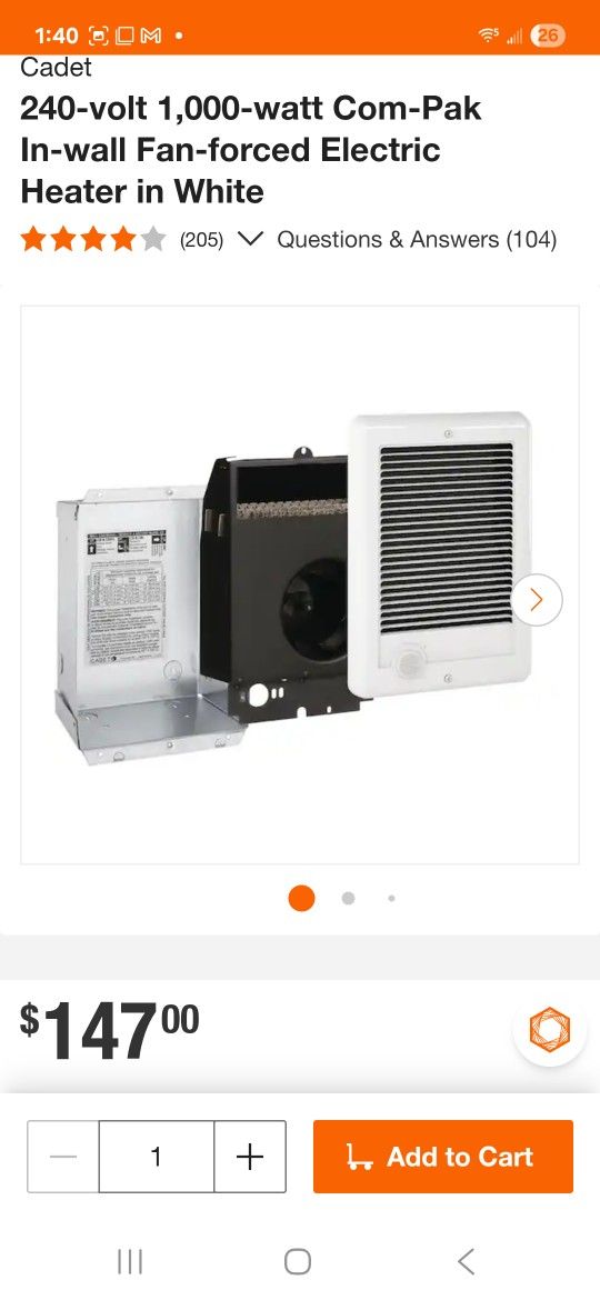 Cabet 240v Wall Heater 1000w. 