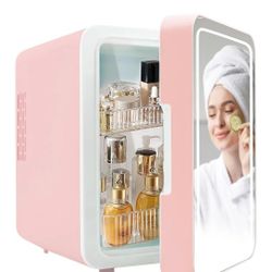 Portable Mini Fridge for Skincare and Makeup - 4L Cooler or Warmer with Lighted Glass Surface for Bedroom or Vanity - Pink