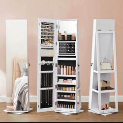   6 LEDs Lockable Mirror Jewelry Cabinet, 360° Swivel Jewelry Organizer Armoire Standing, 
