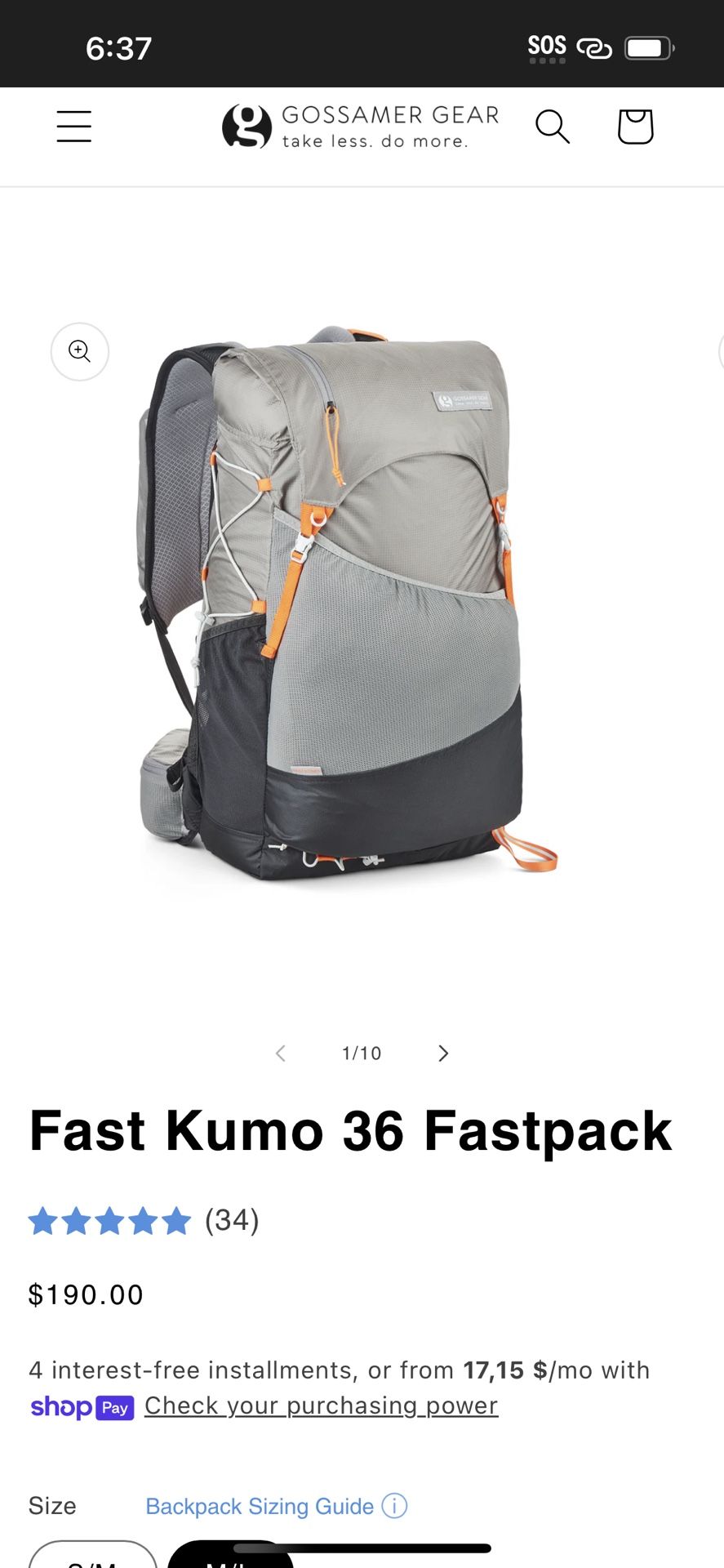 NEW Gossamer Gear Fast Kumo 36 Fastpack Ultralight UL Backpack, Gray / Orange, M/L