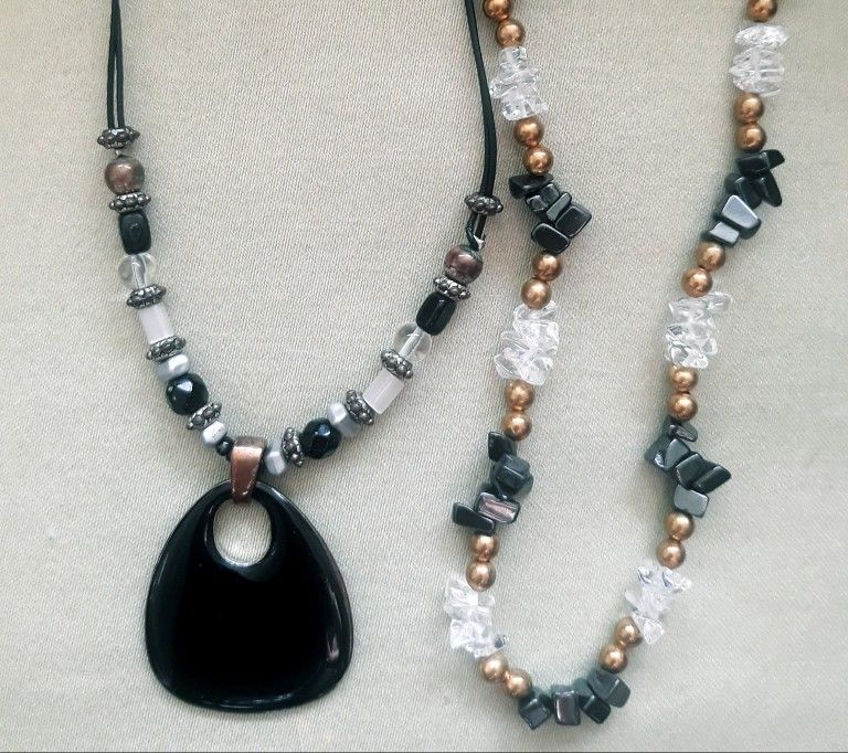 Beaded Necklace Bundle: Hematite + Glass Chip Gold Bead Necklace and Vtg Black Bead Pendant Necklace