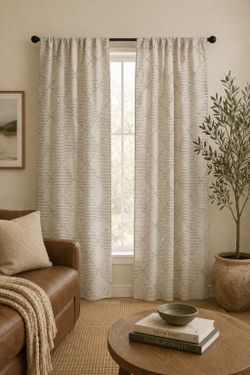 Curtains Geometric White Linen with Embroidered Grey Stripe
