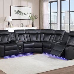 Memorial Day Sale, Sleek & Contemporary Power Reclining Sectional w/Bluetooth Speakers, LED Light & Console 