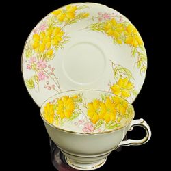 VTG Sutherland  China Yellow & Pink Floral Spring Teacup & Saucer Set Gold Trim