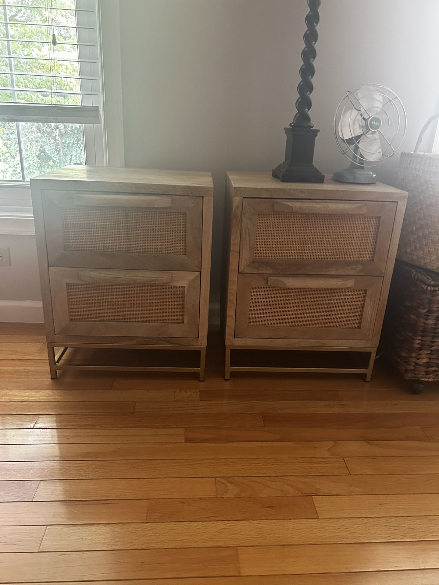 Powell Natural Rattan & Gold Base Bed Side Tables