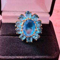 Aqua Topaz Ring Size 9 Sterling Silver Stamped .925 Large Statement Cocktail Ring