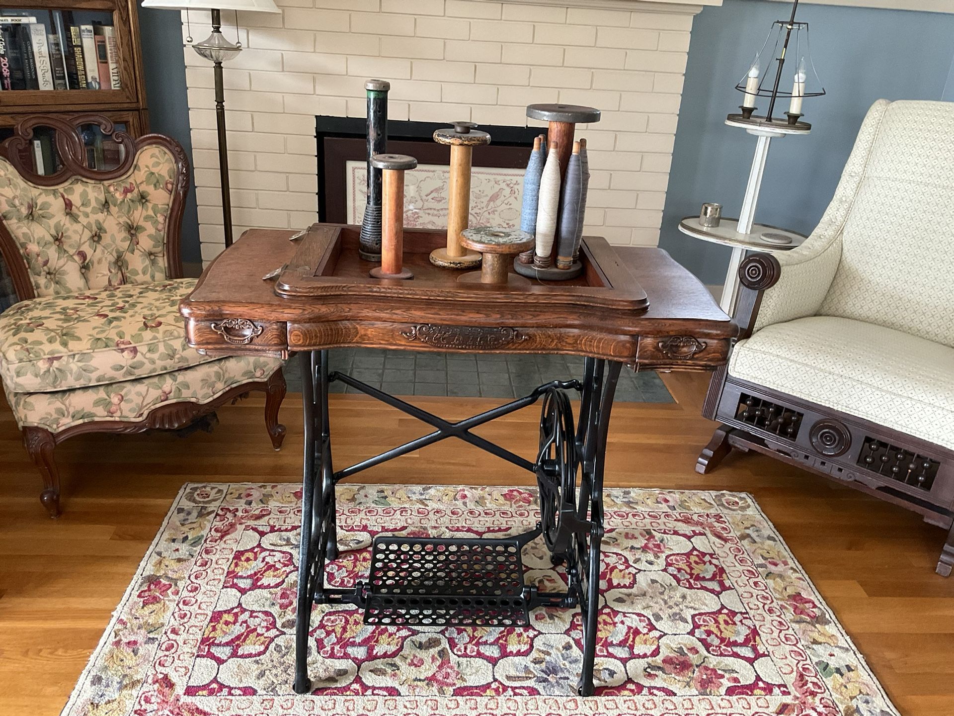 Entry Table Made From Restored Antique White Treadle Sewing Machine Cabinet 