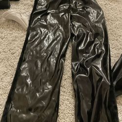 Black faux fur wet look contrast fabric