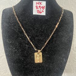 14K Solid Gold Chain and Pendant  8.9Gr 26 Inches Long 